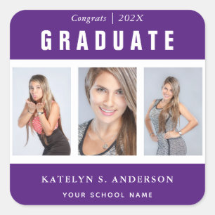 Purple and White Graduation Photo Collage Custom Square Sticker