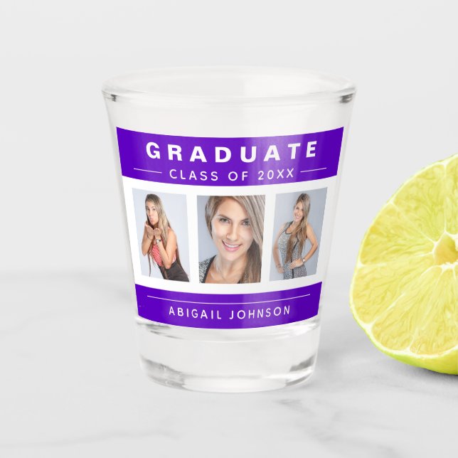 Purple and White Graduation Photo Collage Shot Glass (Front)
