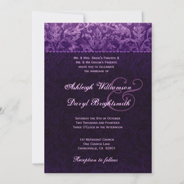 Purple and White Grunge Damask Wedding B733 Invitation (Front)