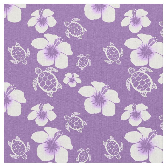 Purple And White Hibiscus Honu Hawaiian Fabric (Close Up)