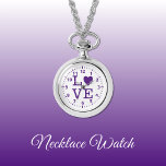 Purple and white Love Necklace Watch<br><div class="desc">Necklace Watch gift.
With the word 'love' and a heart shape replacing the letter O.
Purple and white</div>