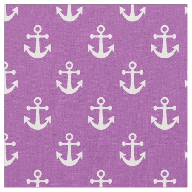 Purple and White Nautical Anchors Pattern Fabric (Close Up)