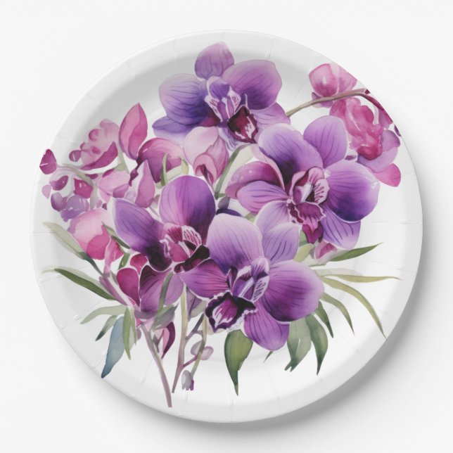 Purple and White Orchids Wedding Paper Plate (Front)