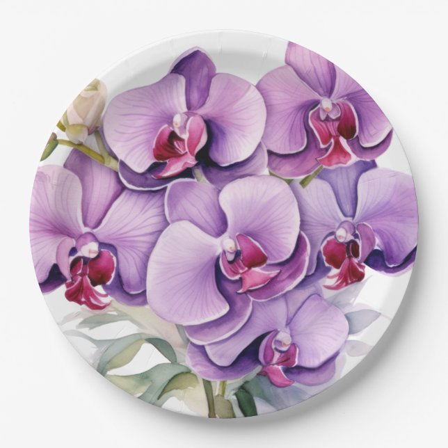 Purple and White Orchids Wedding Paper Plate (Front)