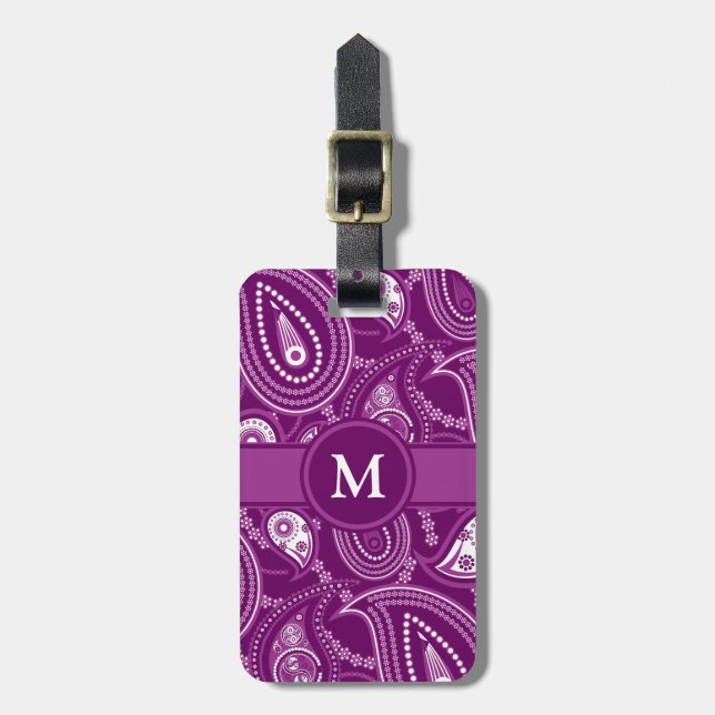 Purple and White Paisley Luggage Tag (Front Vertical)