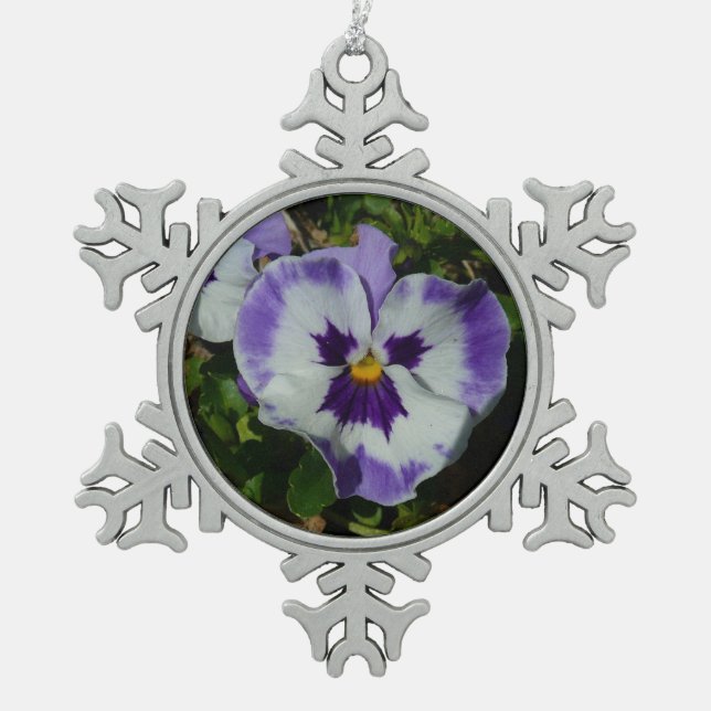 Purple and White Pansies Colourful Floral Snowflake Pewter Christmas Ornament (Front)