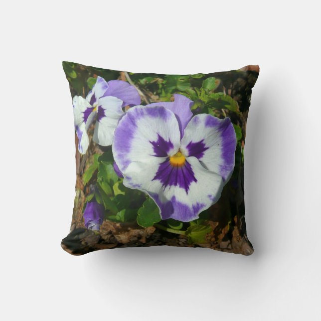 Purple and White Pansies Colourful Floral Throw Pillow (Front)