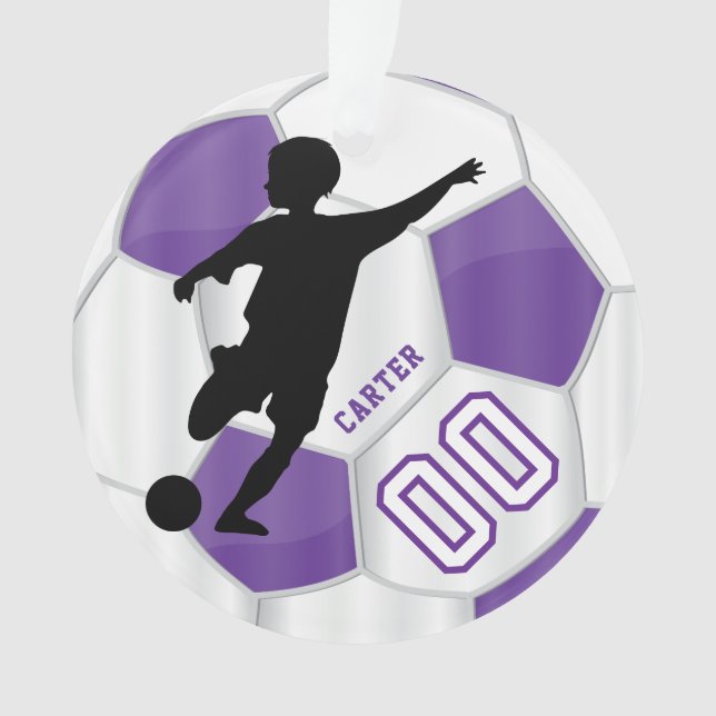 Purple and White Personalize Boy Soccer Player Ornament (Front)