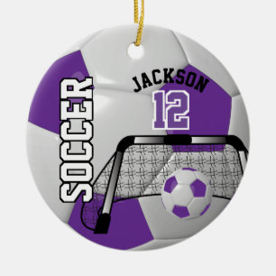 ⚽ Purple and White Personalize Soccer Ball Ceramic Ornament