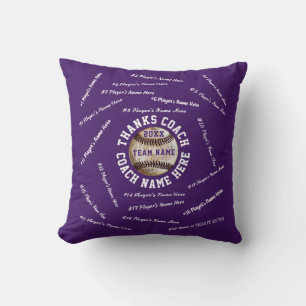 Purple and White Personalized Baseball Coach Gifts Throw Pillow