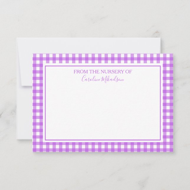 Purple and White Personalized Gingham Pattern Thank You Card (Front)