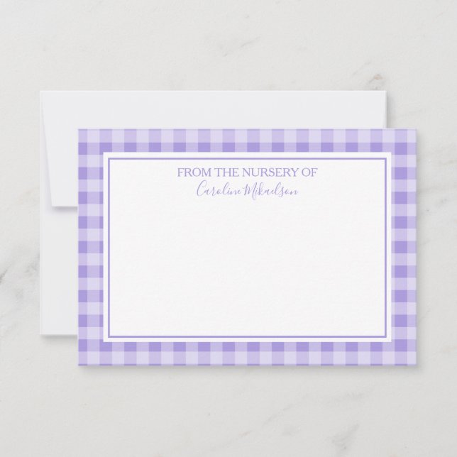Purple and White Personalized Gingham Pattern Thank You Card (Front)