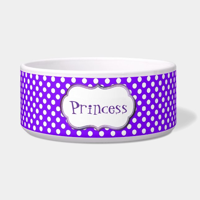 Purple and White Polka Dot Custom Dog Bowl (Front)