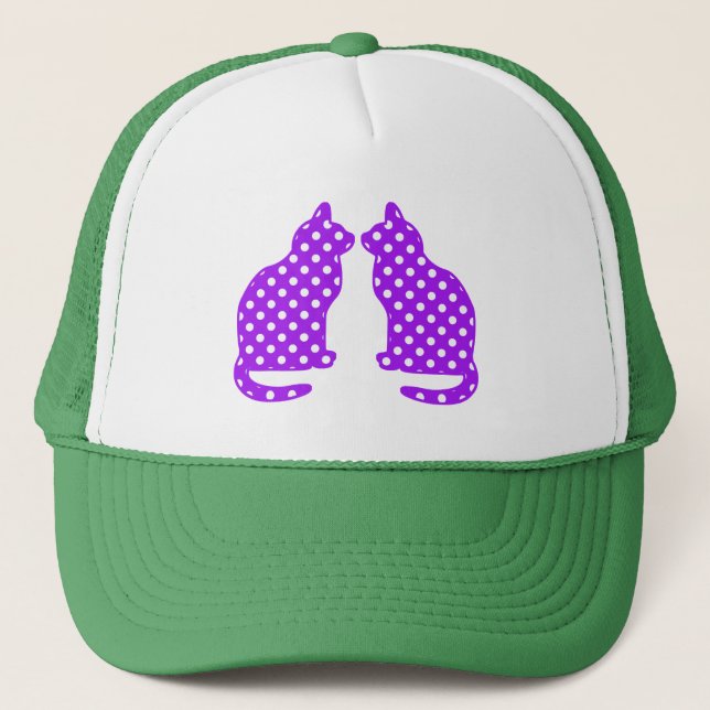 Purple and White Polka Dots Sitting Cat Trucker Hat (Front)