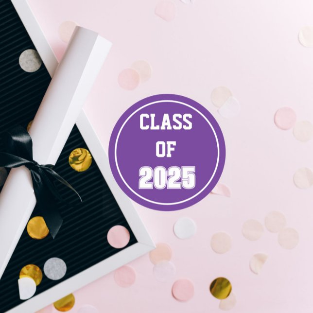 Purple and White School Colours Class Year Classic Round Sticker (In Situ Graduation)