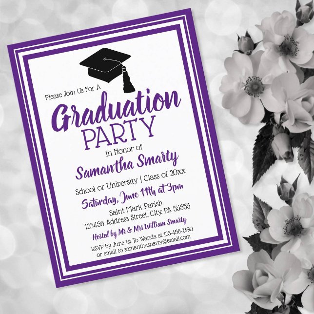 Purple and White School Colours Grad Party Invitation Postcard (Creator Uploaded)