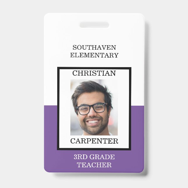 Purple and White School Photo Teacher Badge (Front)