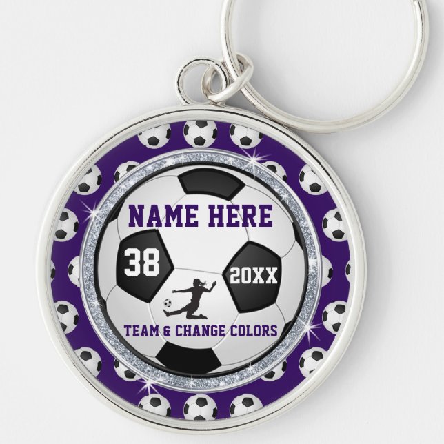 Purple and White Senior Gift Ideas for Soccer Keychain (Front)