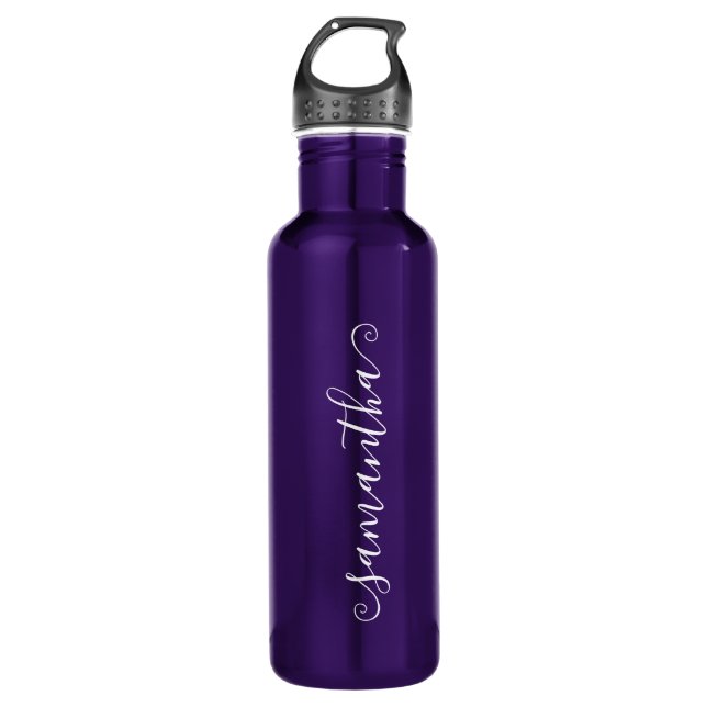 Purple and White Short Curly Swash Signature Name 710 Ml Water Bottle (Front)