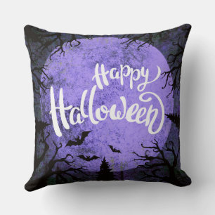 Purple and White Simple Happy Halloween Throw Pillow
