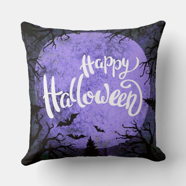 Purple and White Simple Happy Halloween Throw Pillow (Back)