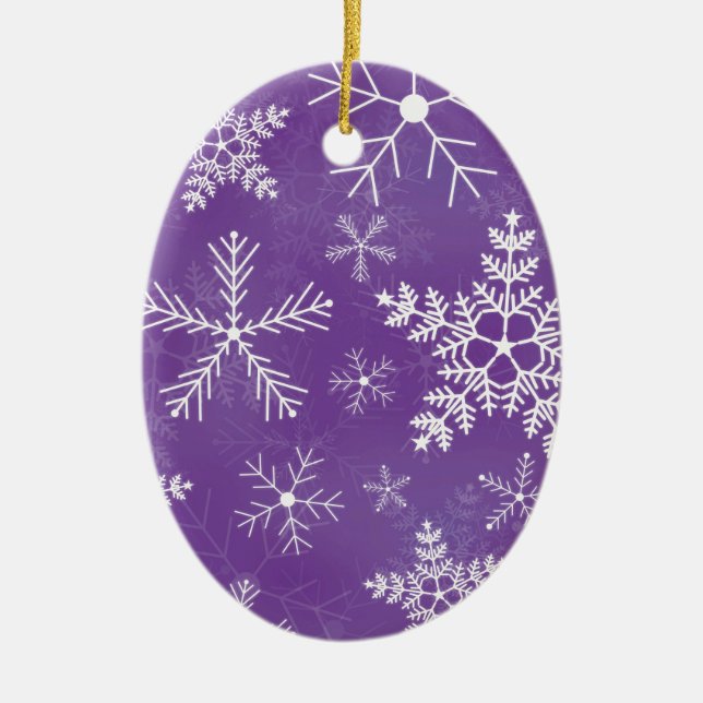 Purple and White Snowflake Pattern Ceramic Ornament (Front)