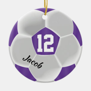 Purple and White Soccer Ball Ceramic Ornament