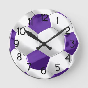 Purple and White Soccer Ball Round Clock
