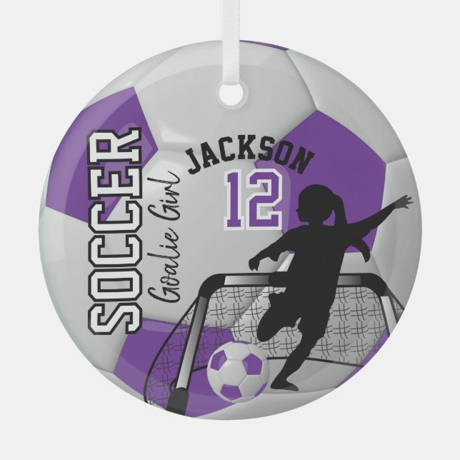 Purple and White Soccer Goalie Girl  ⚽ Glass Ornament (Front)