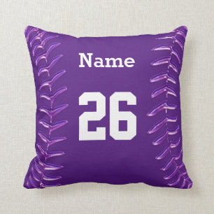 Purple and White Softball Pillow, NAME and NUMBER Throw Pillow
