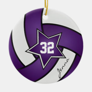 Purple and White Star Volleyball Ceramic Ornament