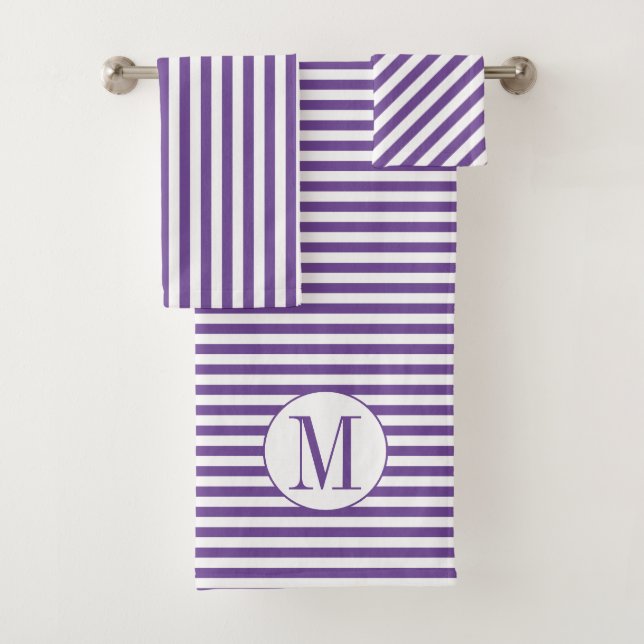 Purple and white stripes and monogram bath towel set (Insitu)