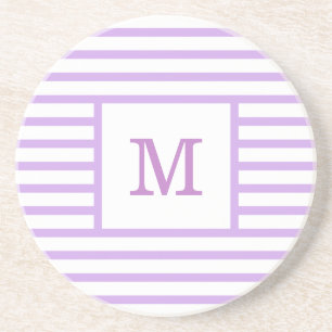 Purple and White Stripes Custom Monogram Sandstone Coaster