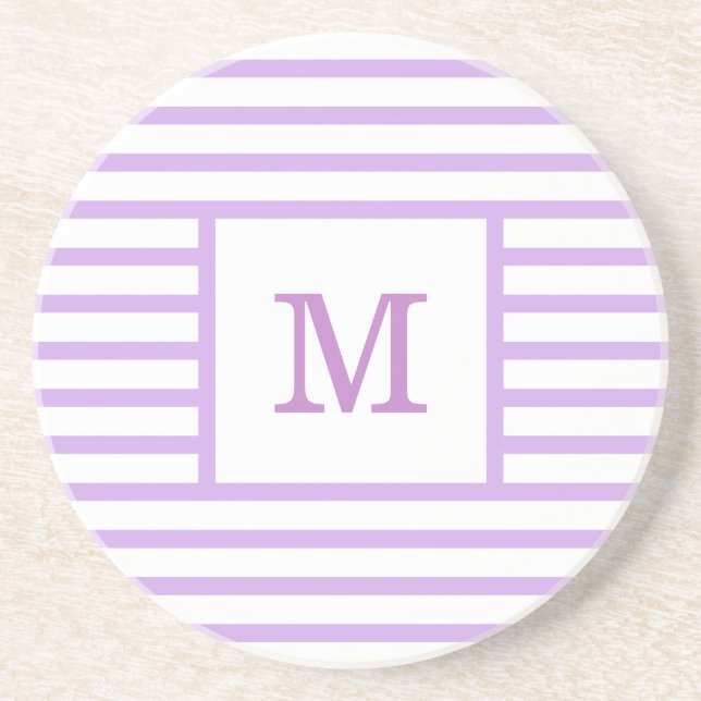 Purple and White Stripes Custom Monogram Sandstone Coaster (Front)