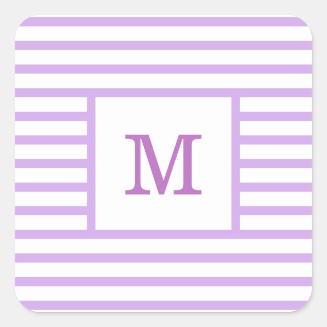 Purple and White Stripes Custom Monogram Square Sticker (Front)