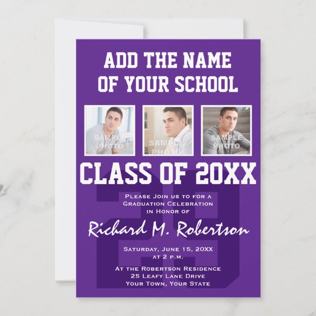 Purple and White Student Athlete Graduation Party Invitation (Front)
