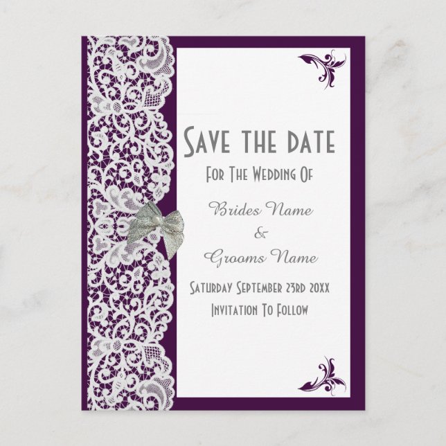 Purple and white traditional lace save the date announcement postcard (Front)