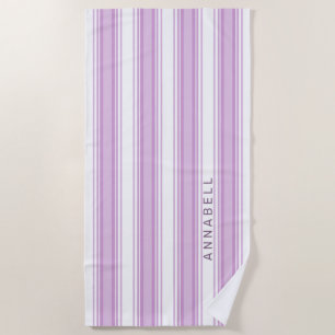 Purple and white vertical stripes custom name beach towel