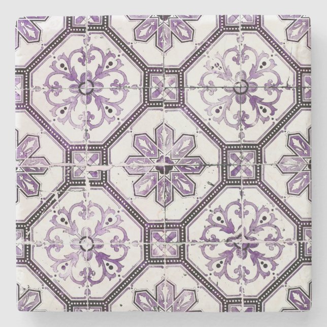Purple and white vintage tile  stone coaster (Front)