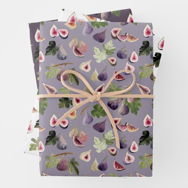 Purple and White Watercolor Figs Wrapping Paper Sheet (In situ)