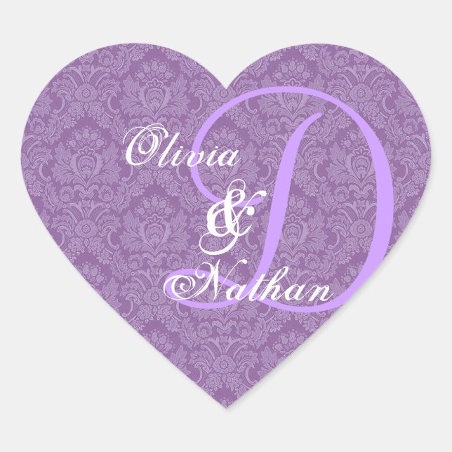 Purple and White Wedding Damask Monogram D Sticker (Front)