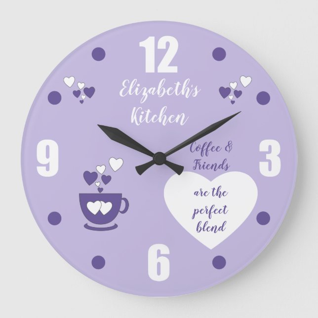 Purple and white with a coffee cup hearts and name large clock (Front)