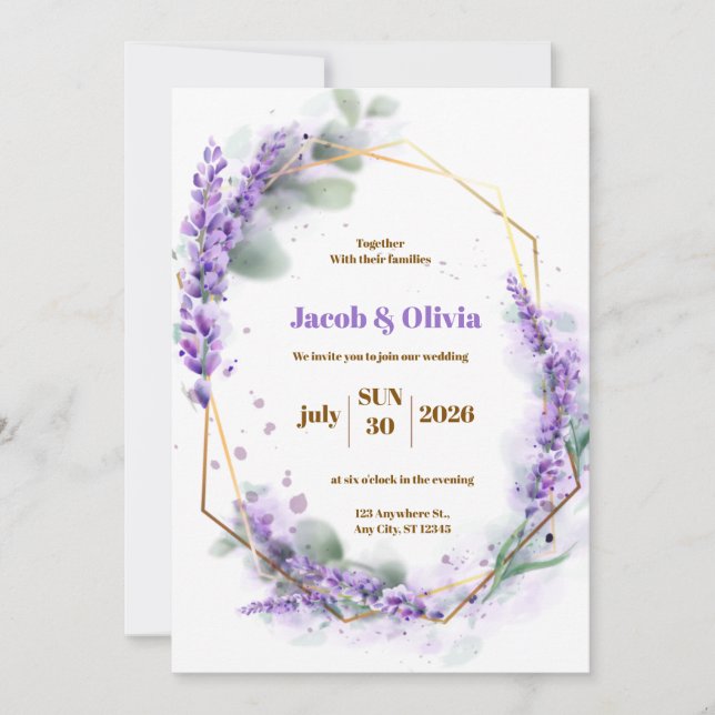 Purple and White with Lavender Wreath Wedding Invi Invitation (Front)