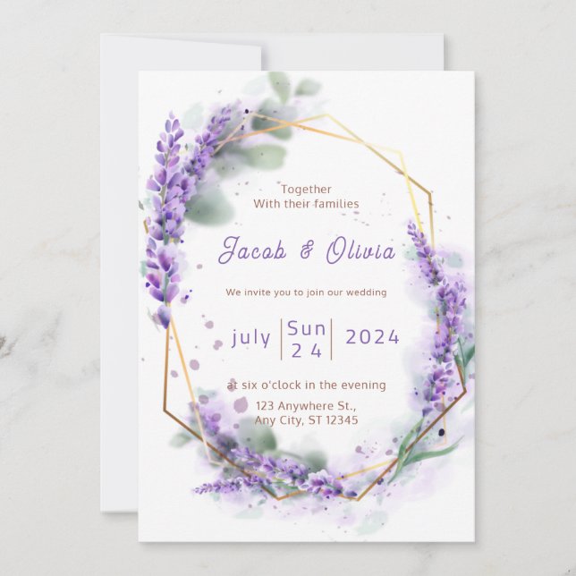 Purple and White with Lavender Wreath Wedding Invi Invitation (Front)