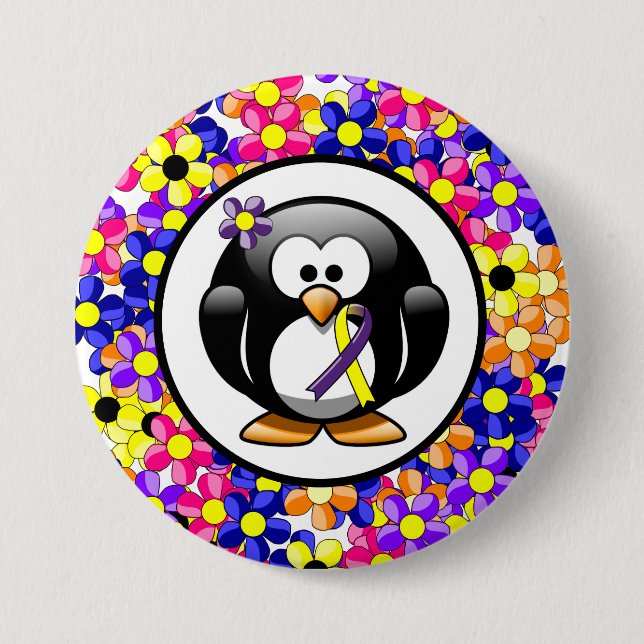 Purple and Yellow Awareness Ribbon Penguin 3 Inch Round Button (Front)
