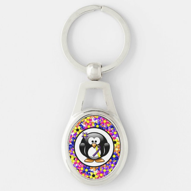 Purple and Yellow Awareness Ribbon Penguin Keychain (Front)
