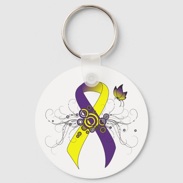 Purple and Yellow Awareness Ribbon with Butterfly Keychain (Front)