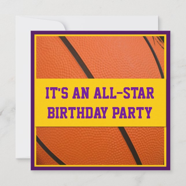 Purple and Yellow Basketball Birthday Party Invitation (Front)