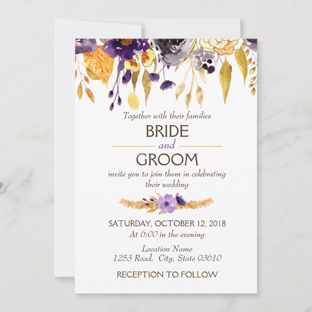 Purple and Yellow Boho Chic Floral Invitation (Front)