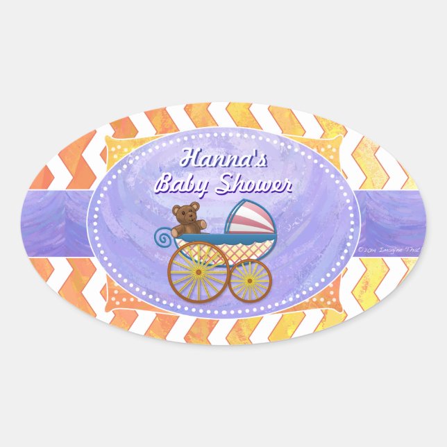 Purple and Yellow Chevron Custom Baby Shower Oval Sticker (Front)